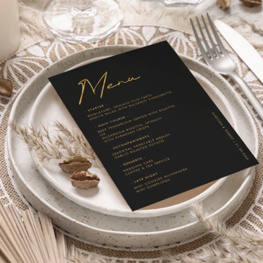 Zwart Goud Moderne Typografie Trouwtafel Menu