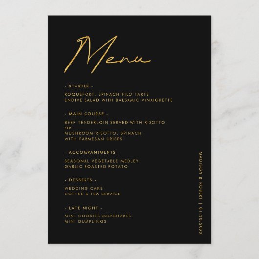 Zwart Goud Moderne Typografie Trouwtafel Menu (Voorkant)