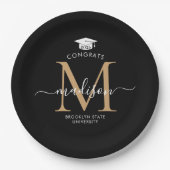Zwart Goud Monogram Afstuderen Pet Partij Afstuder Papieren Bordje (Voorkant)