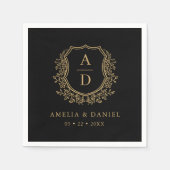 Zwart Goud Monogram Bloemkam Huwelijk Servet (Voorkant)