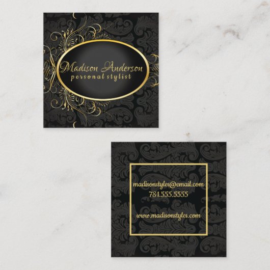Zwart goud Monogram Classy Royal Style Kaart Vierkante Visitekaartje (Voorkant / Achterkant)