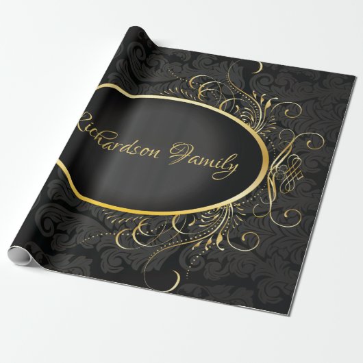 Zwart goud Monogram Classy Royal Style Wrapping Cadeaupapier (Uitgerold)