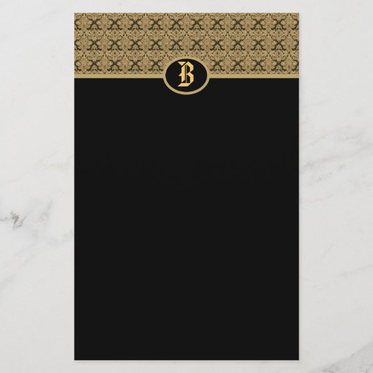 Zwart Goud Monogram Damast Stationery Briefpapier (Voorkant)