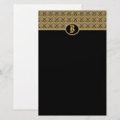 Zwart Goud Monogram Damast Stationery Briefpapier (Voorkant / Achterkant)