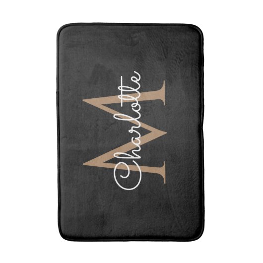 Zwart Goud Monogram Elegant Girly Script Badmat (Voorkant Verticaal)