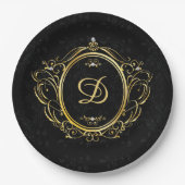 Zwart goud Monogram elegant Papieren Bordje (Voorkant)