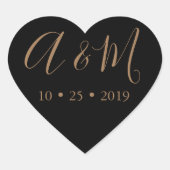 Zwart Goud Monogram Elegante Bruiloft Hart Sticker (Voorkant)