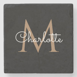 Zwart Goud Monogram Elegante Meisjesachtige Script Stenen Onderzetter