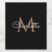 Zwart Goud Monogram Elegante Meisjesachtige Script Wijn Etiket (Enkel label)
