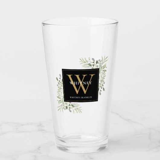 Zwart Goud Monogram Elegante Moderne Groene Elemen Glas (Voorkant)