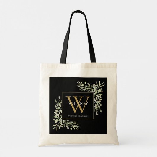Zwart Goud Monogram Elegante Moderne Groene Tinten Tote Bag (Achterkant)