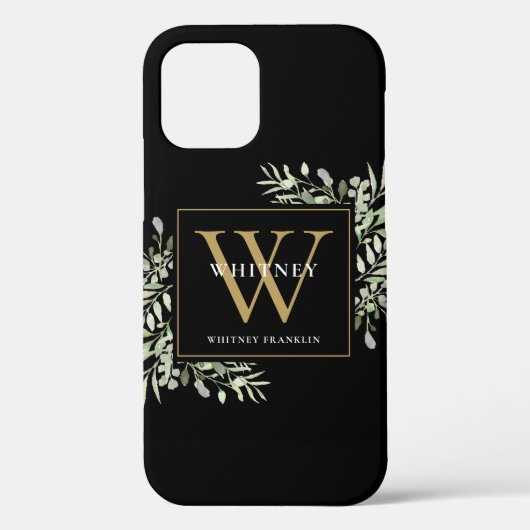 Zwart Goud Monogram Elegante Moderne Groenelemente Case-Mate iPhone Case (Achterkant)