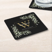 Zwart Goud Monogram Elegante Moderne Groenelemente Kartonnen Onderzetters (Schuin)