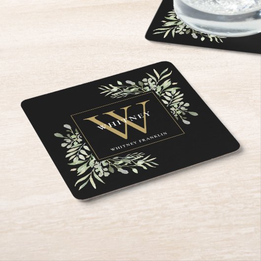 Zwart Goud Monogram Elegante Moderne Groenelemente Kartonnen Onderzetters (Schuin)