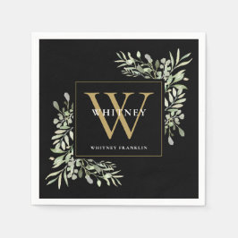 Zwart Goud Monogram Elegante Moderne Groenelemente Servet