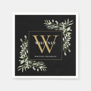 Zwart Goud Monogram Elegante Moderne Groenelemente Servet