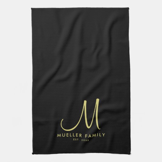 Zwart Goud Monogram Familienaam Modern Elegant Theedoek (Verticaal)