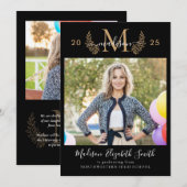 Zwart Goud Monogram Girly Script Foto Afstuderen Aankondiging (Voorkant / Achterkant)