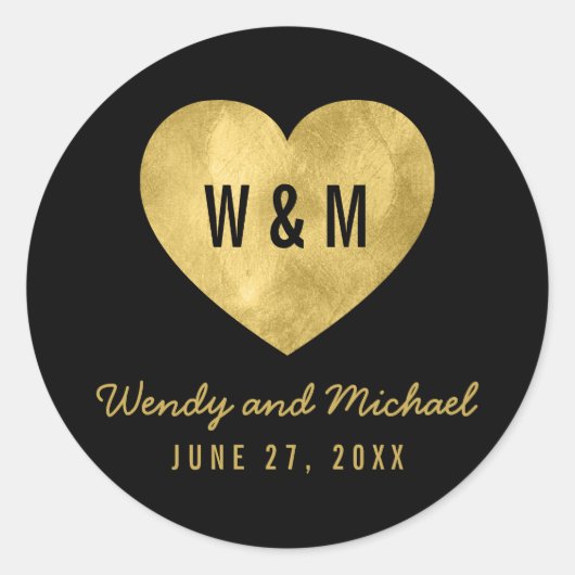 Zwart & Goud Monogram Hart Bruiloft Save the Date Ronde Sticker (Voorkant)