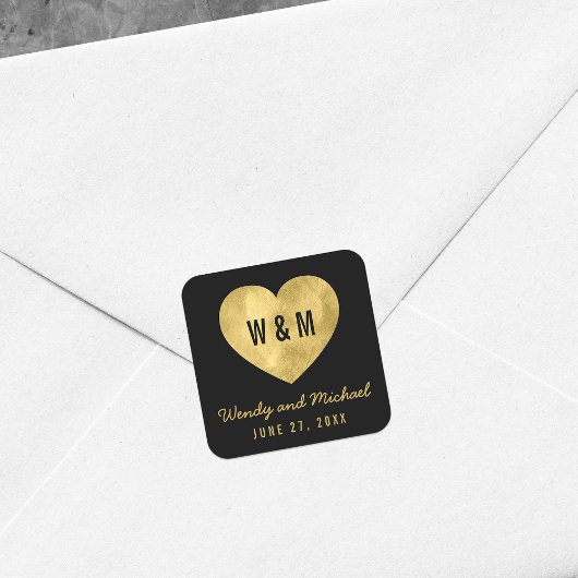 Zwart & Goud Monogram Hart Save the Date Bruiloft Vierkante Sticker