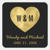 Zwart & Goud Monogram Hart Save the Date Bruiloft Vierkante Sticker (Voorkant)