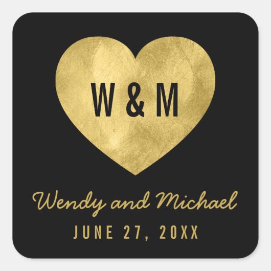 Zwart & Goud Monogram Hart Save the Date Bruiloft Vierkante Sticker (Voorkant)