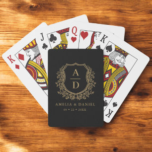 Zwart Goud Monogram Huwelijk Bloemkam Pokerkaarten