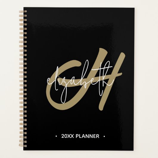 Zwart Goud Monogram Initiaal Maandelijks Planner (Voorkant)