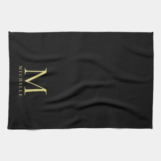 Zwart Goud Monogram Initiaal Naam Aangepaste Sjabl Theedoek (Horizontaal)