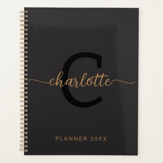 Zwart Goud Monogram Initiaal Naam Minimalist 2024 Planner (Voorkant)