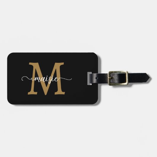 Zwart Goud Monogram Initiaal Script Naam Telefoon Bagagelabel (Voorkant horizontaal)