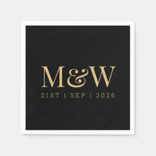Zwart Goud Monogram Initialen Modern Bruiloft Servet