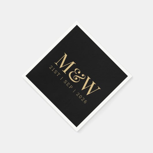Zwart Goud Monogram Initialen Modern Bruiloft Servet (Hoek)