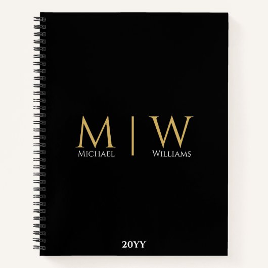 Zwart Goud Monogram Initialen Modern Professional Notitieboek (Voorkant)