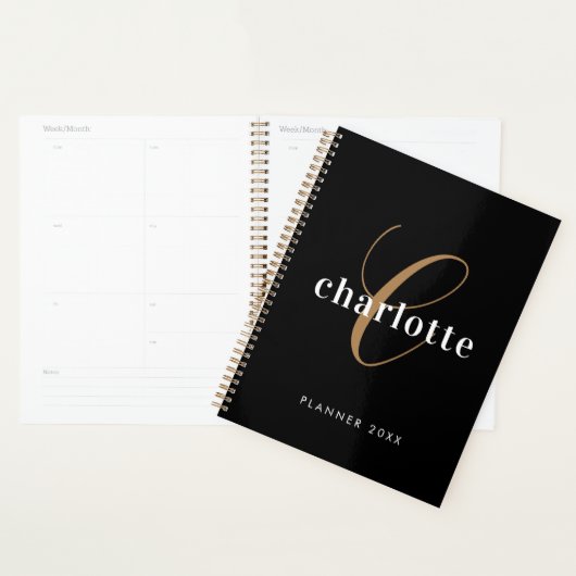 Zwart Goud Monogram initialen Naam Minimalist 2024 Planner (Display)
