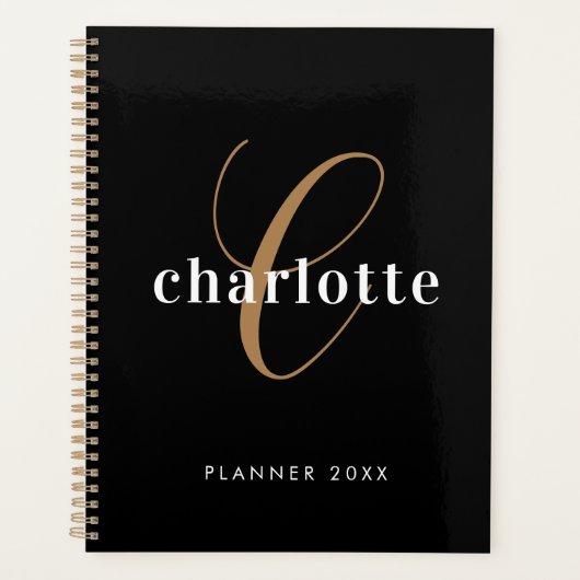 Zwart Goud Monogram initialen Naam Minimalist 2024 Planner (Voorkant)
