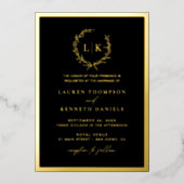 Zwart Goud Monogram Krans Trouwen Folie Uitnodiging (Voorkant)
