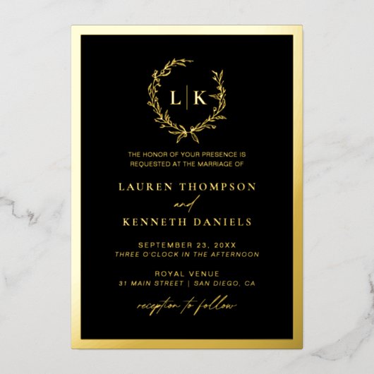 Zwart Goud Monogram Krans Trouwen Folie Uitnodiging (Voorkant)