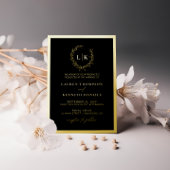 Zwart Goud Monogram Krans Trouwen Folie Uitnodiging