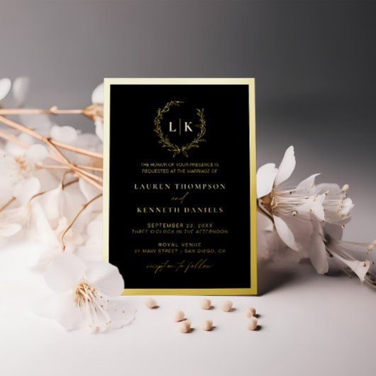 Zwart Goud Monogram Krans Trouwen Folie Uitnodiging