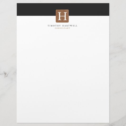 Zwart | Goud monogram met gespleten middenplaat Persoonlijk Briefhoofd (Voorkant)