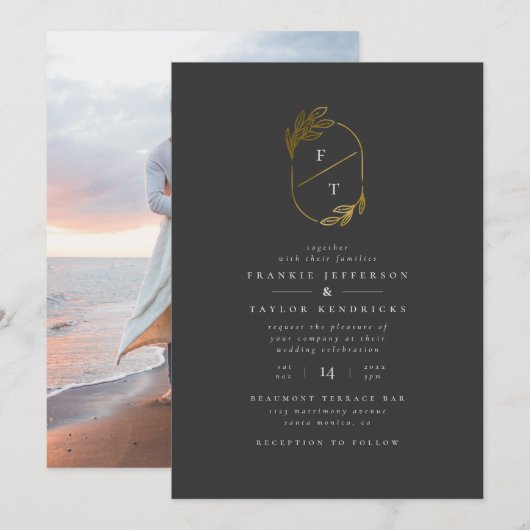 Zwart-goud monogram | Minimalistische trouwfoto Kaart (Voorkant / Achterkant)