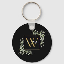 Zwart Goud Monogram Moderne Groene Elementen Perso Sleutelhanger