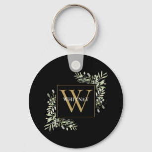 Zwart Goud Monogram Moderne Groene Elementen Perso Sleutelhanger