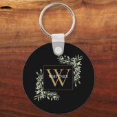 Zwart Goud Monogram Moderne Groene Elementen Perso Sleutelhanger (Voorkant)