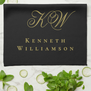 Zwart Goud Monogram Naam Minimalistisch Elegante H Theedoek