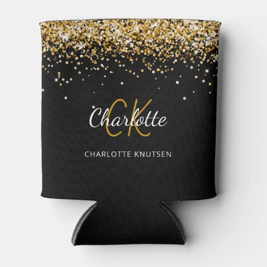 Zwart goud monogram naam verjaardag blikjeskoeler (Voorkant)