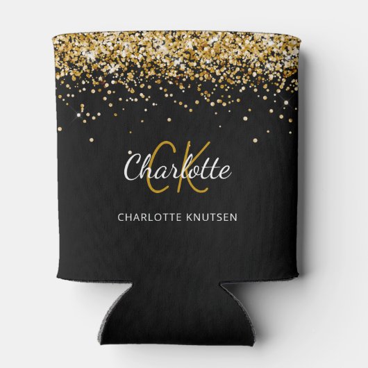 Zwart goud monogram naam verjaardag blikjeskoeler (Achterkant)