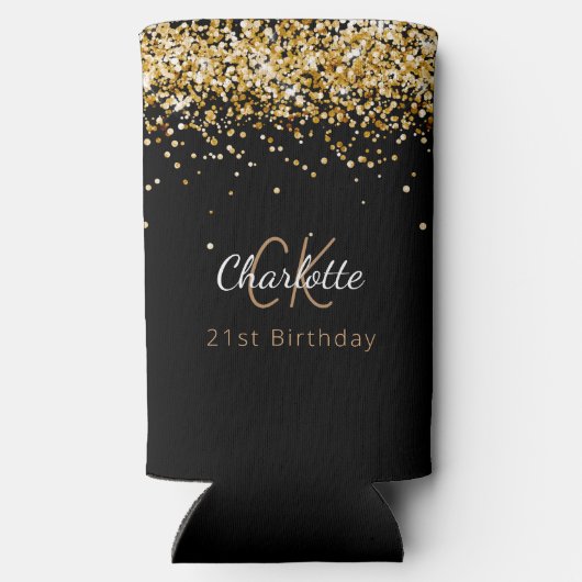 Zwart goud monogram naam verjaardag seltzer blikjeskoeler (Achterkant)