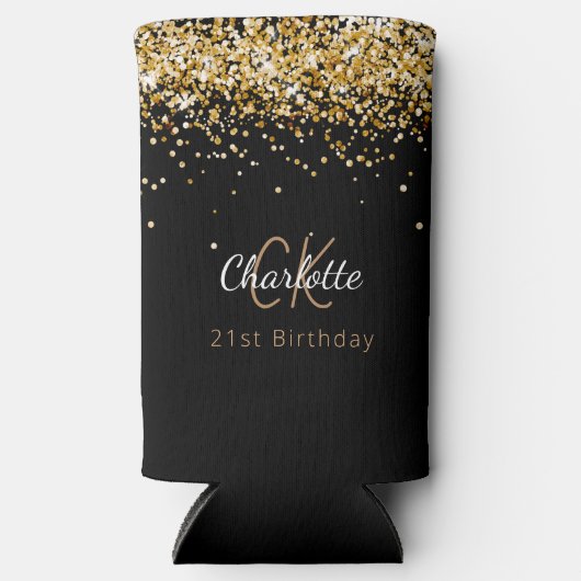 Zwart goud monogram naam verjaardag seltzer blikjeskoeler (Voorkant)